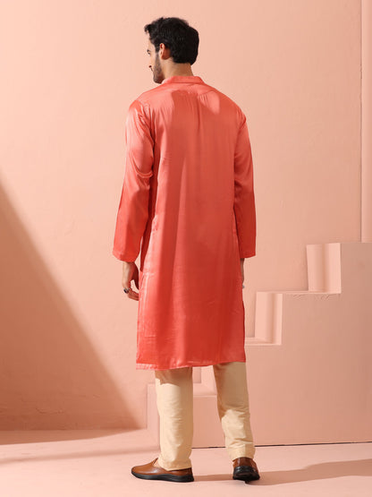 Indyancart ST Rose Orange Satin Kurta with Gold Buttons