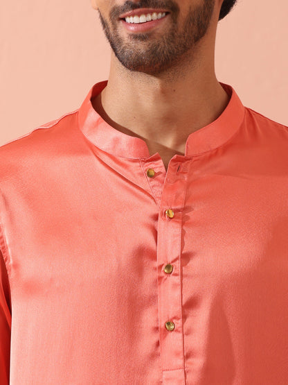 Indyancart ST Rose Orange Satin Kurta with Gold Buttons