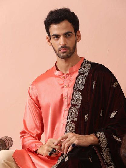 Indyancart ST Rose Orange Satin Kurta with Gold Buttons