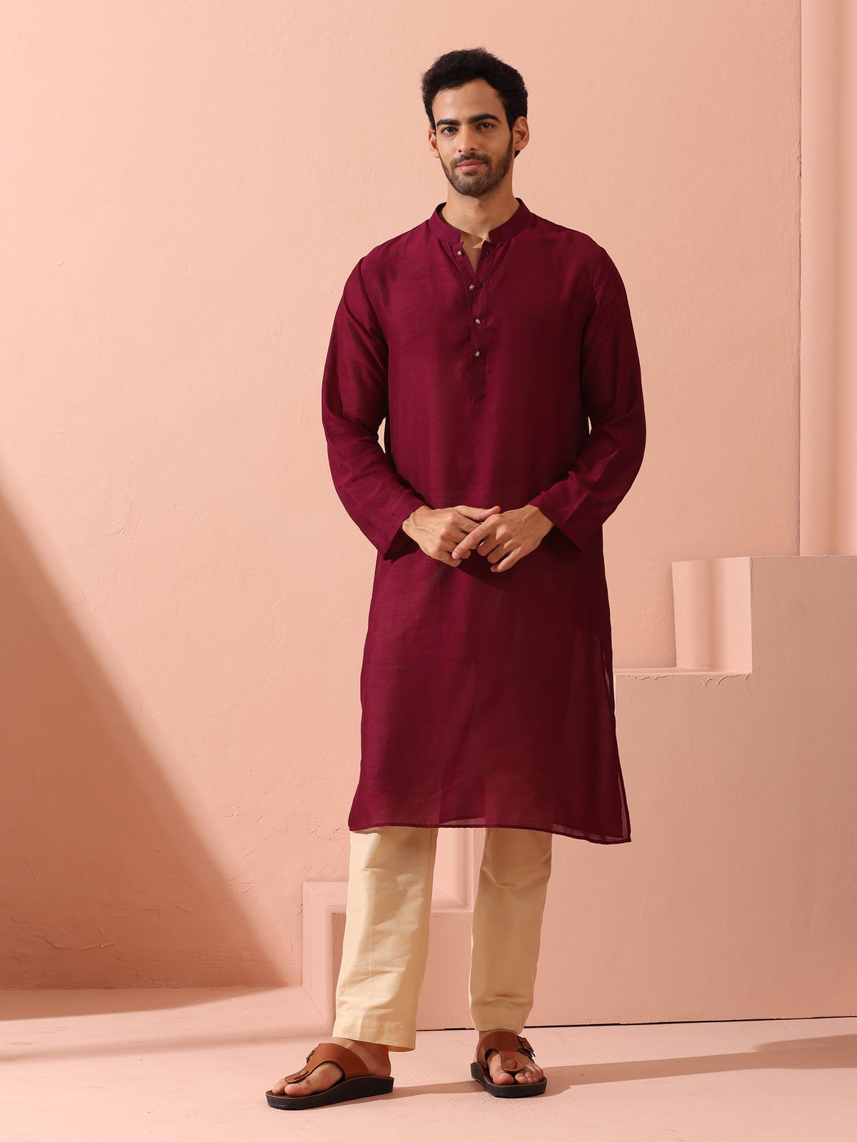Indyancart ST Comfort Wine Kurta with Star Buttons
