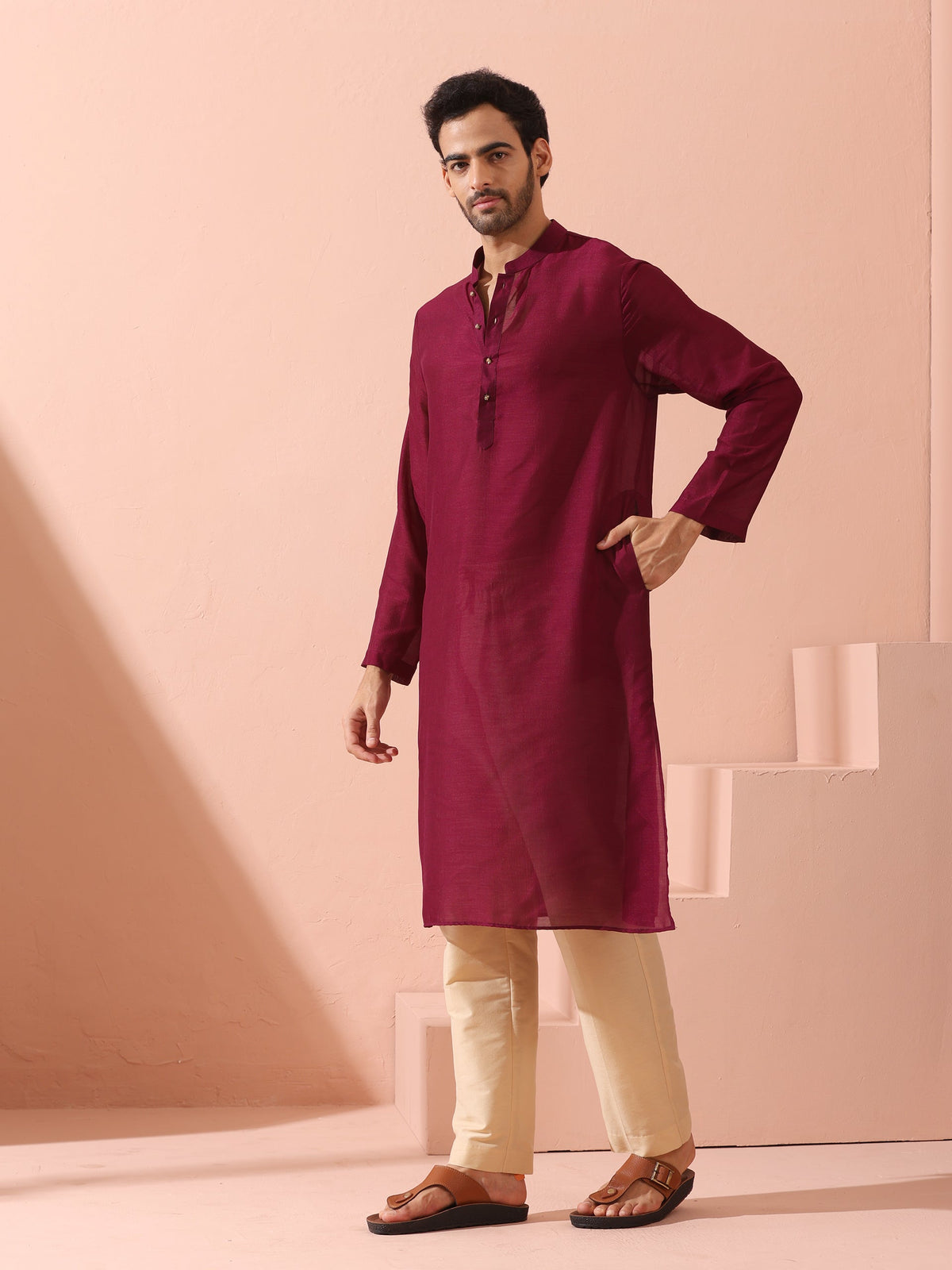 Indyancart ST Comfort Wine Kurta with Star Buttons
