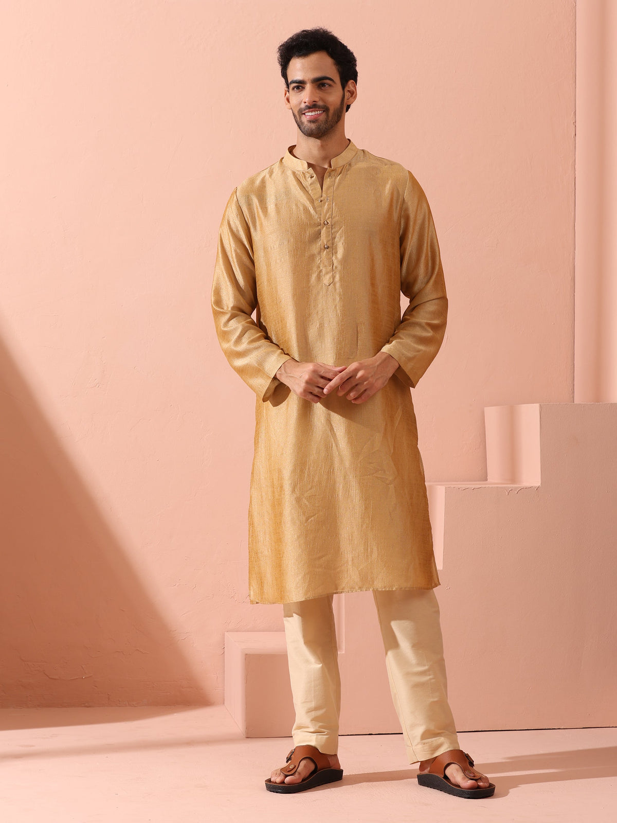Indyancart ST Comfort Gold Kurta with Star Buttons