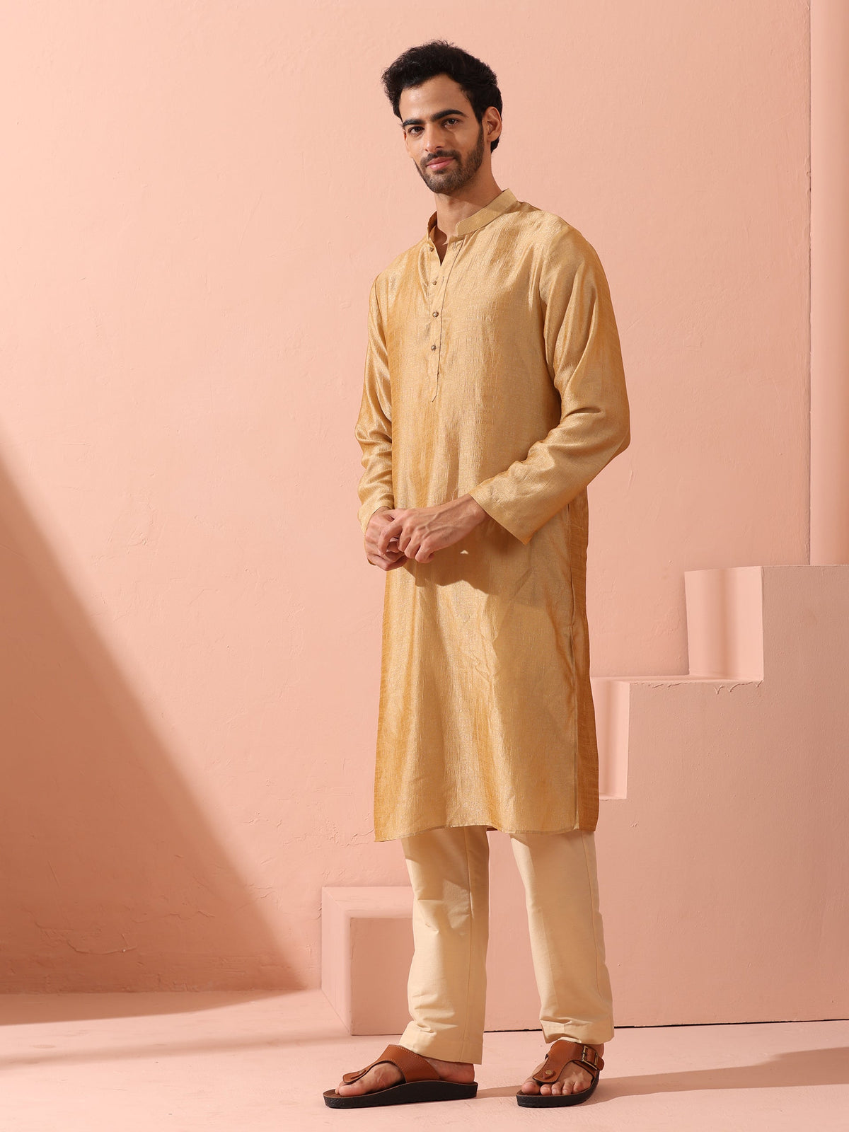 Indyancart ST Comfort Gold Kurta with Star Buttons