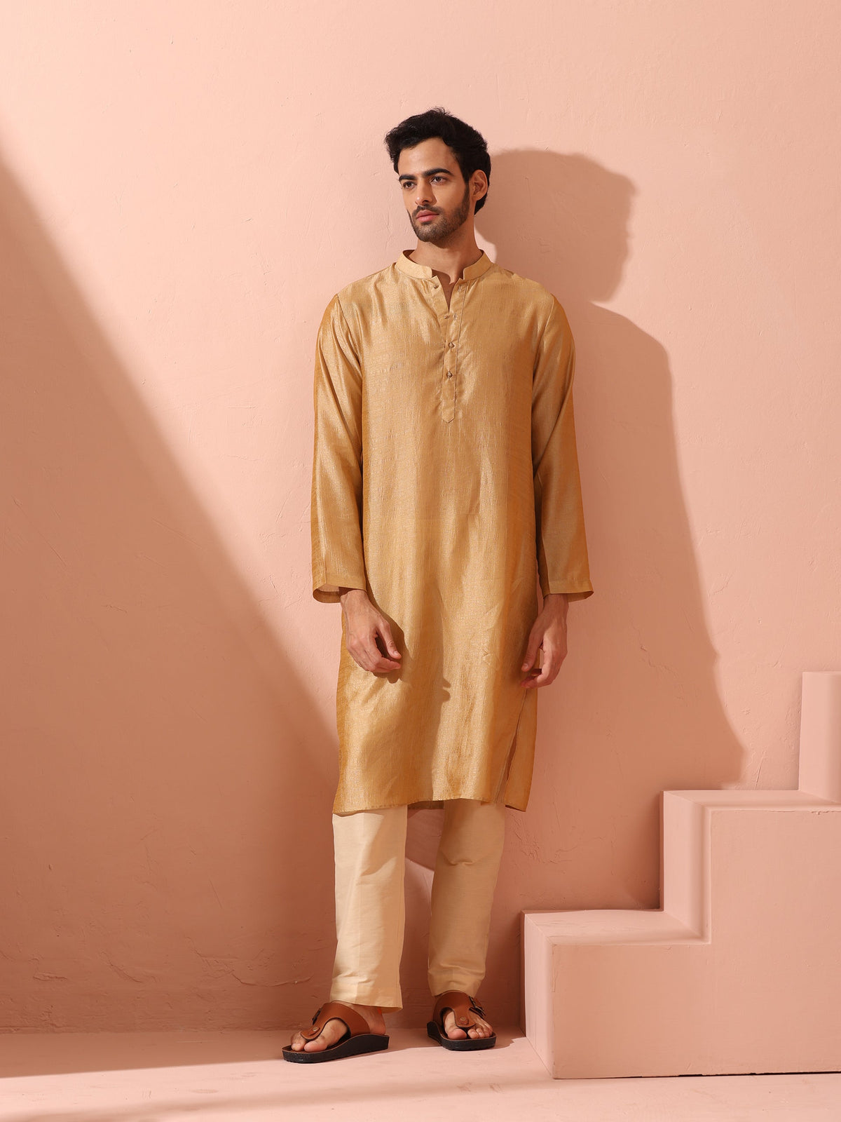 Indyancart ST Comfort Gold Kurta with Star Buttons