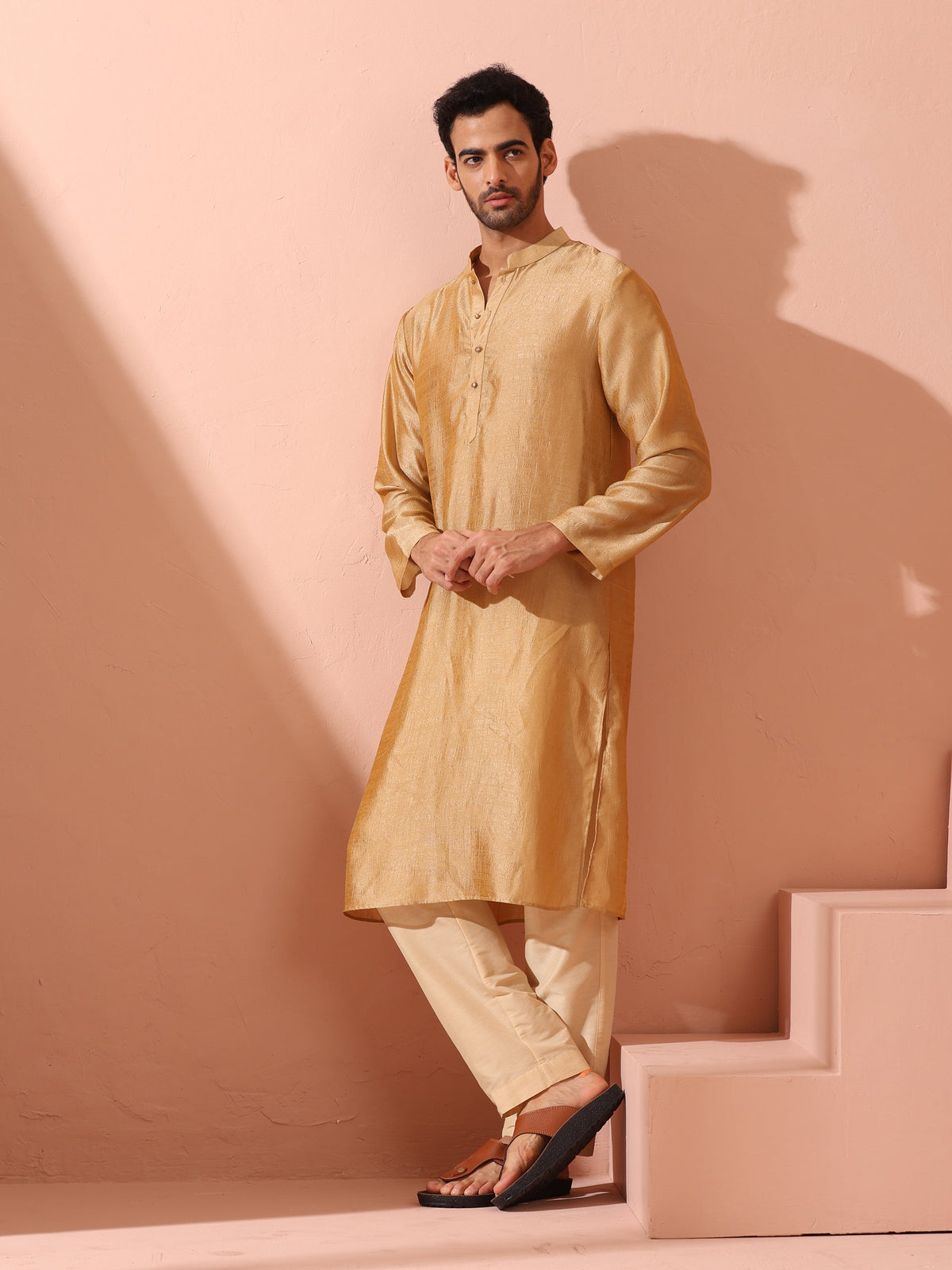 Indyancart ST Comfort Gold Kurta with Star Buttons