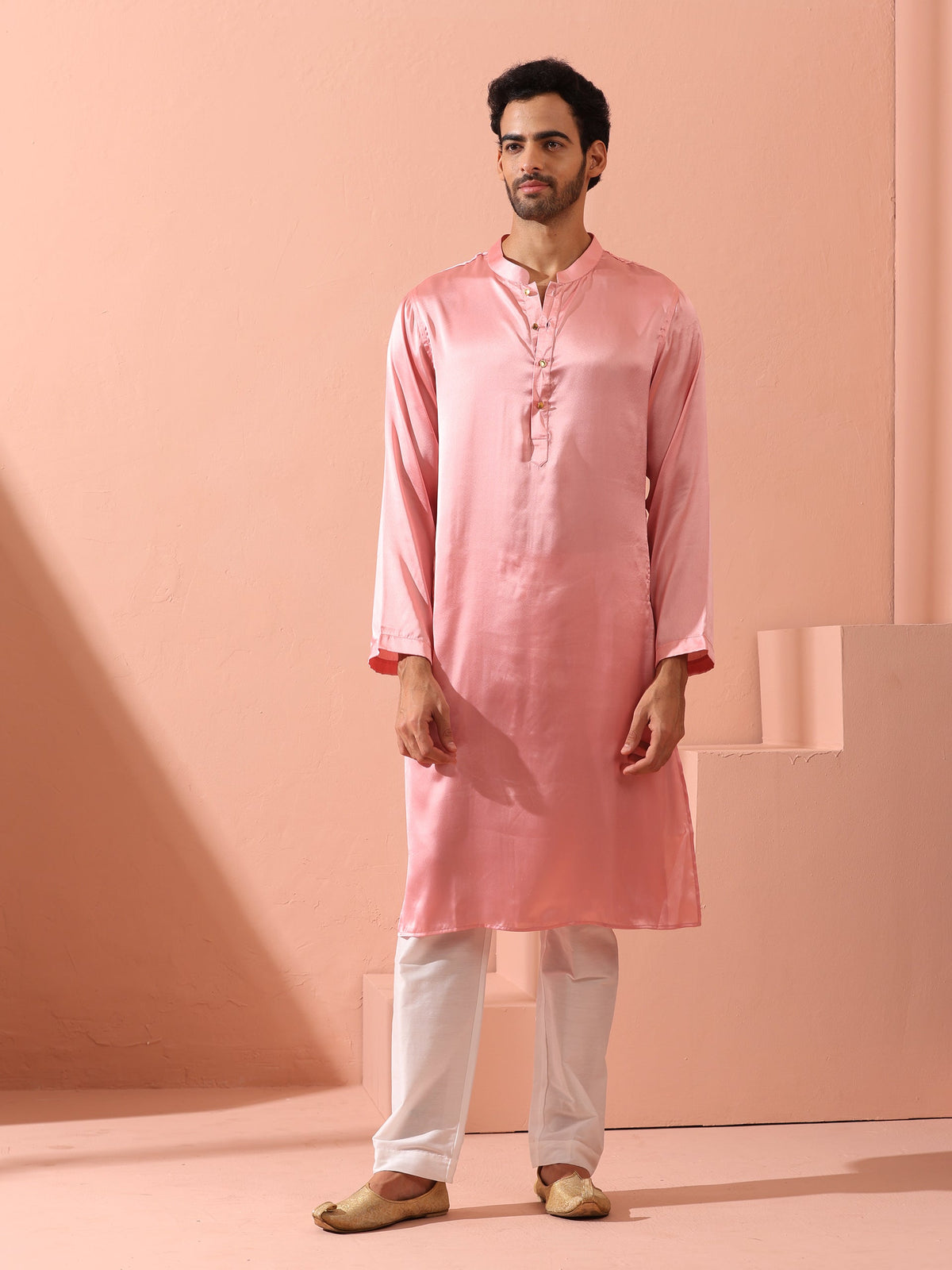 Indyancart ST Blush Satin Kurta with Gold Buttons