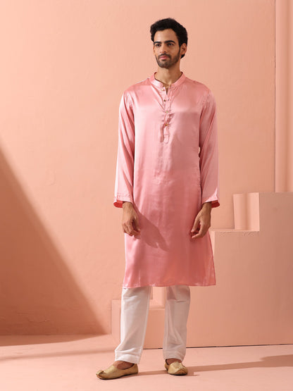 Indyancart ST Blush Satin Kurta with Gold Buttons