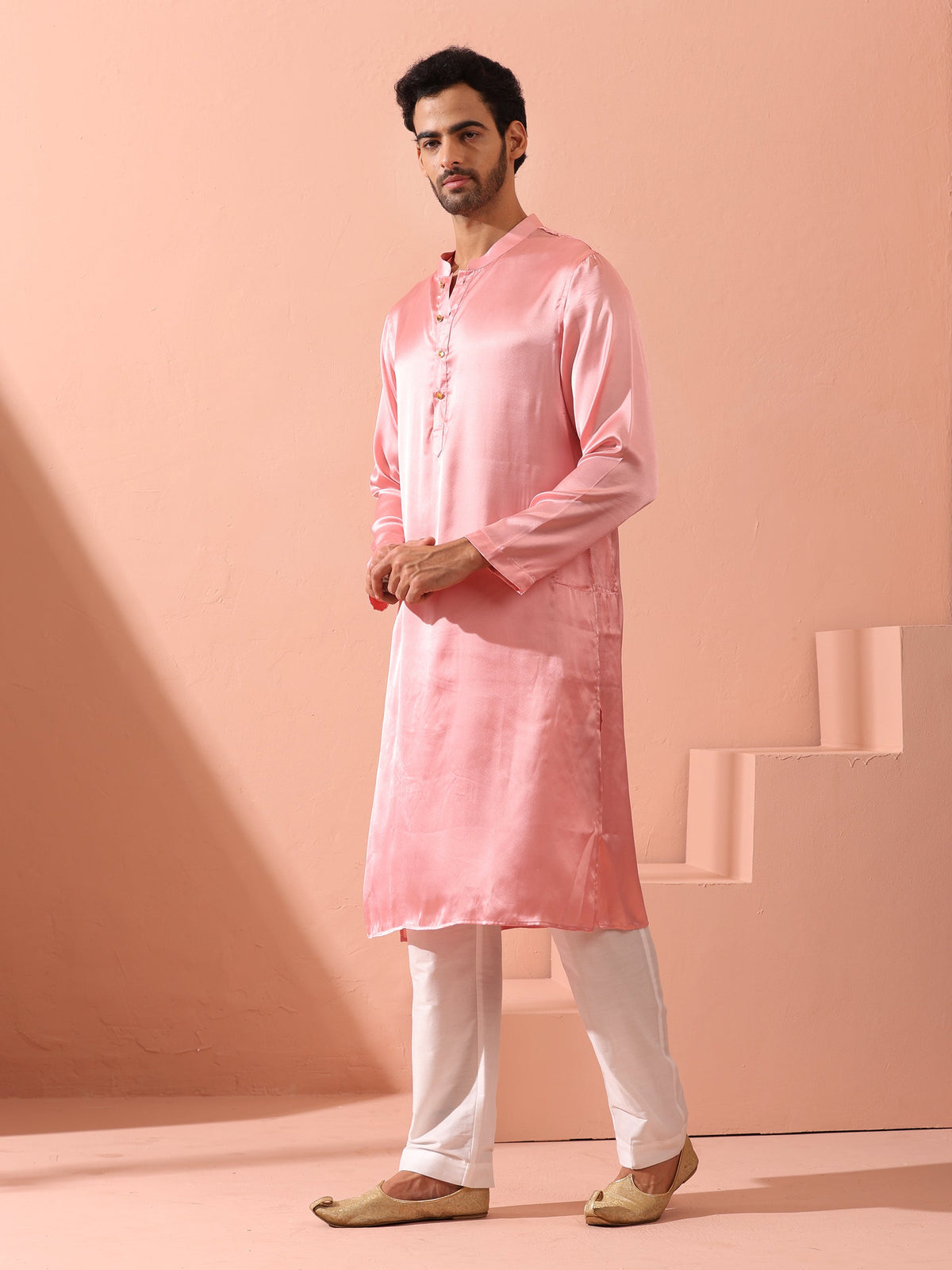 Indyancart ST Blush Satin Kurta with Gold Buttons
