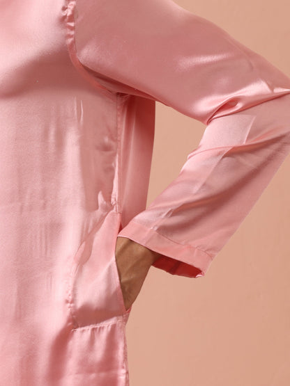 Indyancart ST Blush Satin Kurta with Gold Buttons