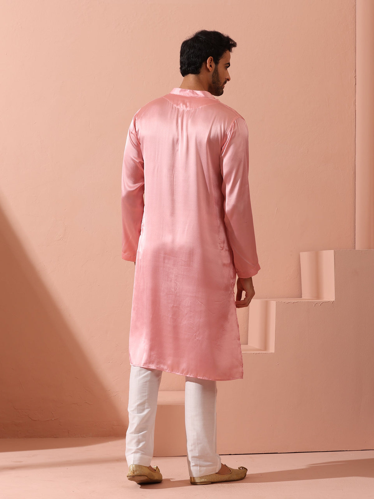 Indyancart ST Blush Satin Kurta with Gold Buttons