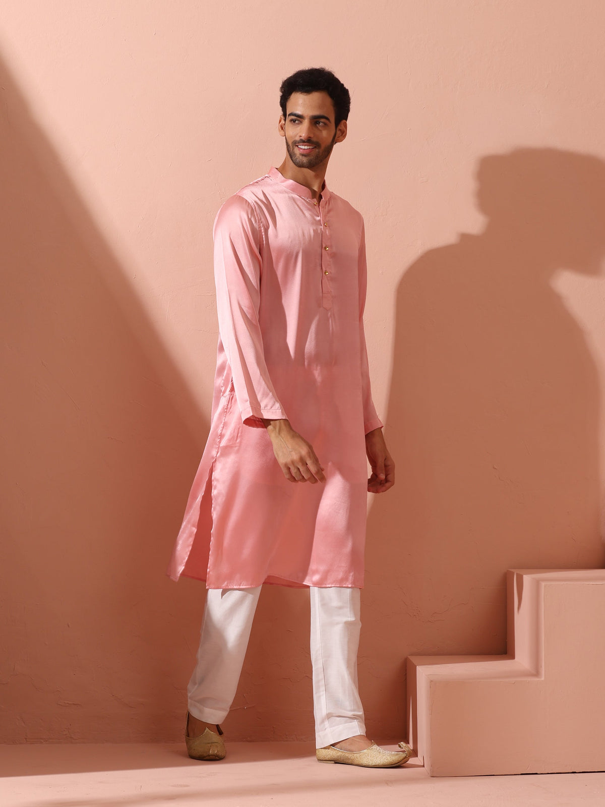 Indyancart ST Blush Satin Kurta with Gold Buttons