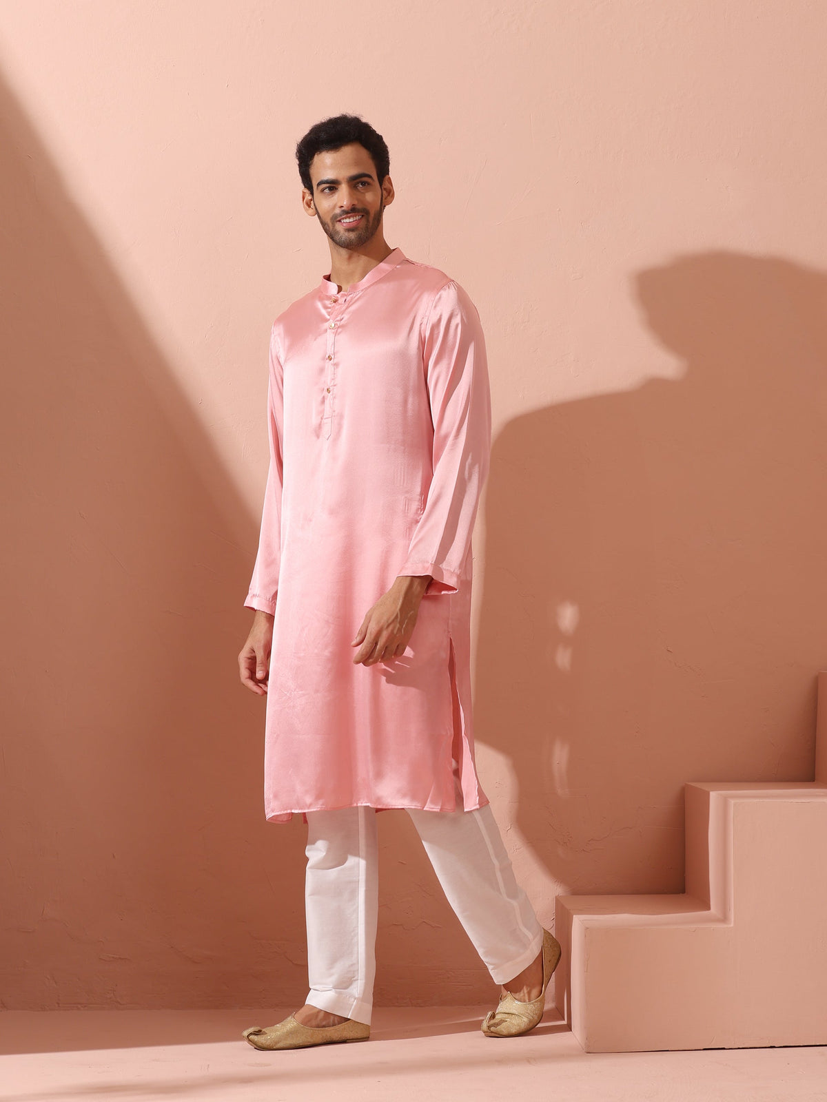 Indyancart ST Blush Satin Kurta with Gold Buttons