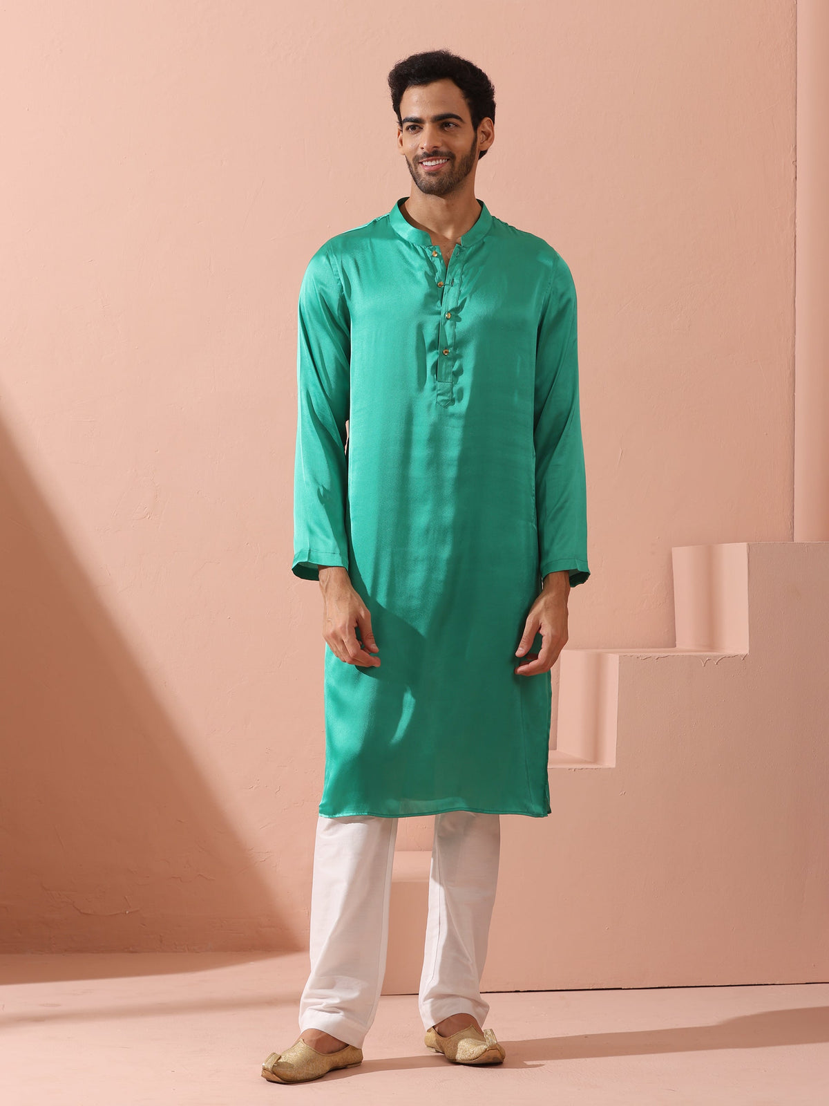 Indyancart ST Hamilton Green Satin Kurta with Gold Buttons