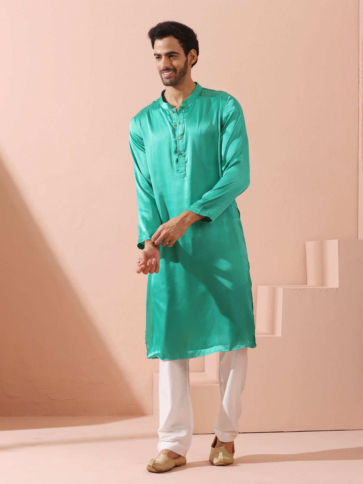 Indyancart ST Hamilton Green Satin Kurta with Gold Buttons