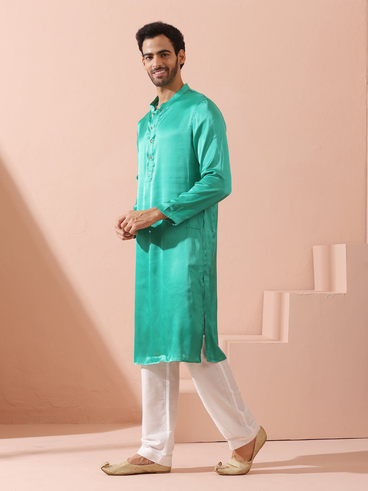 Indyancart ST Hamilton Green Satin Kurta with Gold Buttons