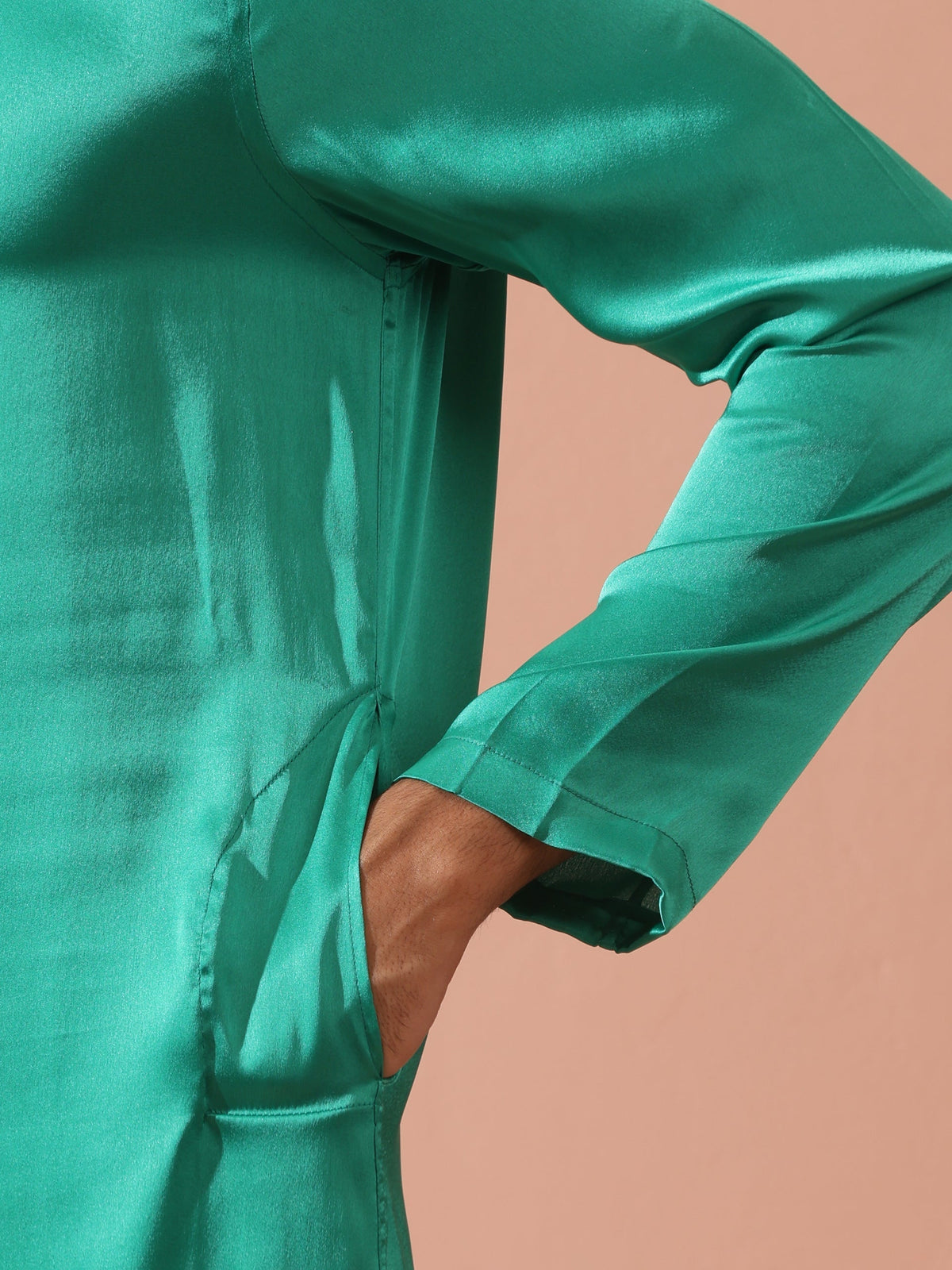 Indyancart ST Hamilton Green Satin Kurta with Gold Buttons