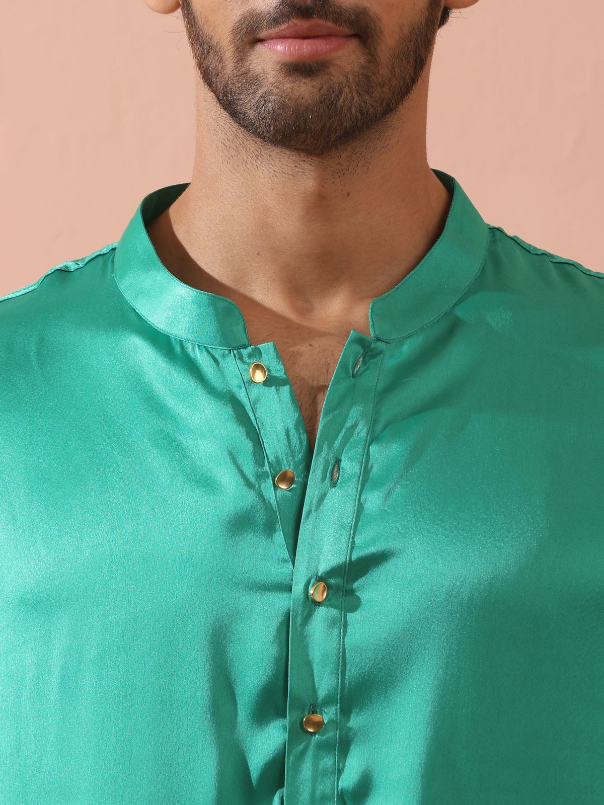 Indyancart ST Hamilton Green Satin Kurta with Gold Buttons