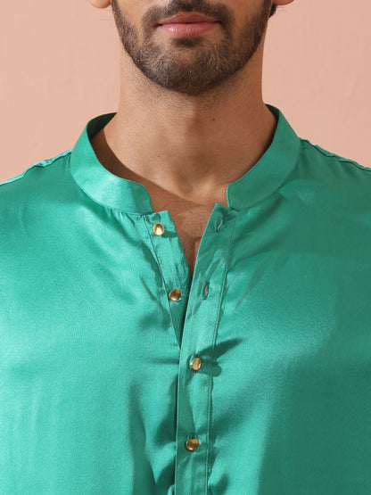 Indyancart ST Hamilton Green Satin Kurta with Gold Buttons