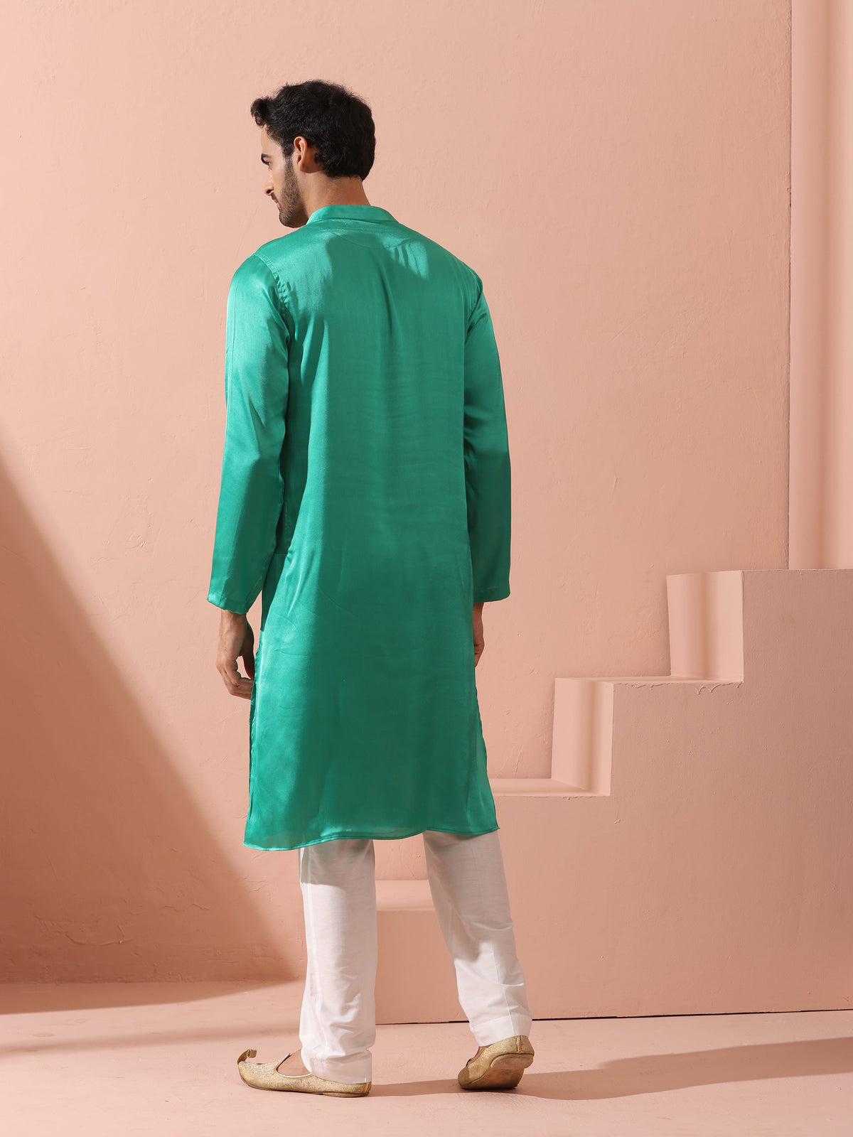 Indyancart ST Hamilton Green Satin Kurta with Gold Buttons