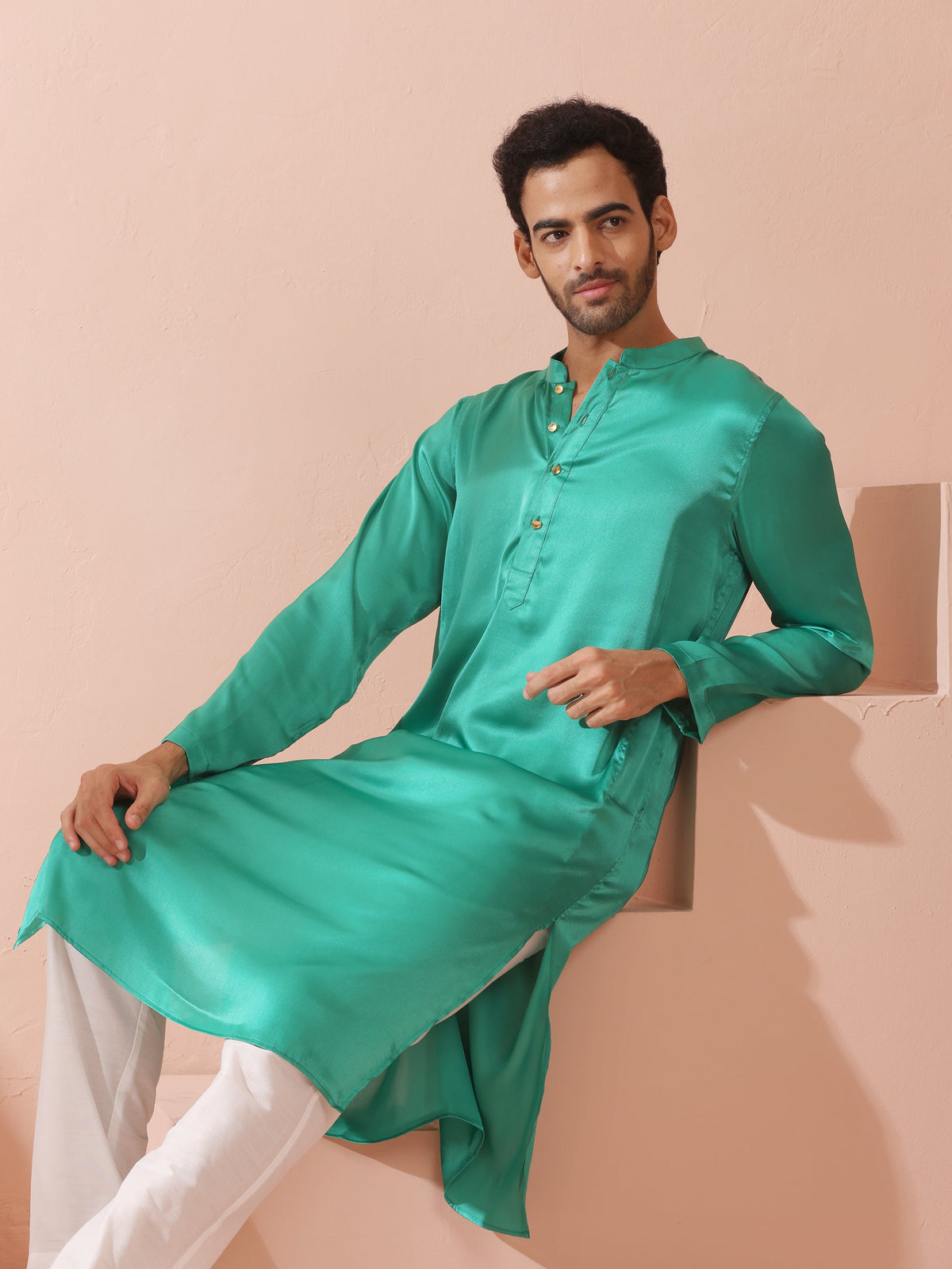 Indyancart ST Hamilton Green Satin Kurta with Gold Buttons