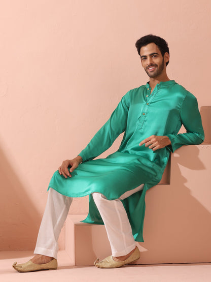 Indyancart ST Hamilton Green Satin Kurta with Gold Buttons