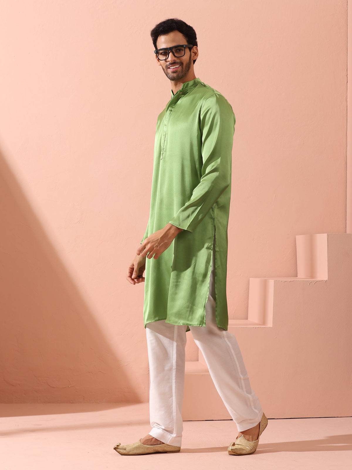 Indyancart ST Green Apple Satin Kurta with Hidden Placket