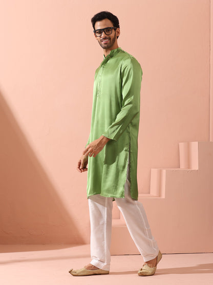 Indyancart ST Green Apple Satin Kurta with Hidden Placket