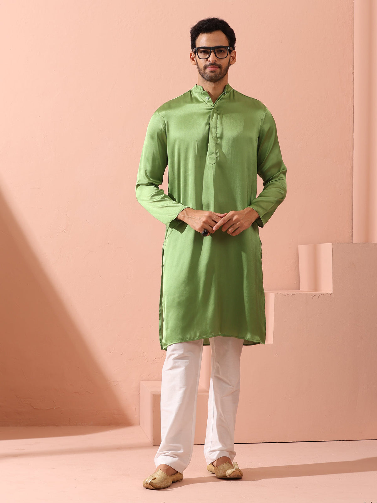 Indyancart ST Green Apple Satin Kurta with Hidden Placket