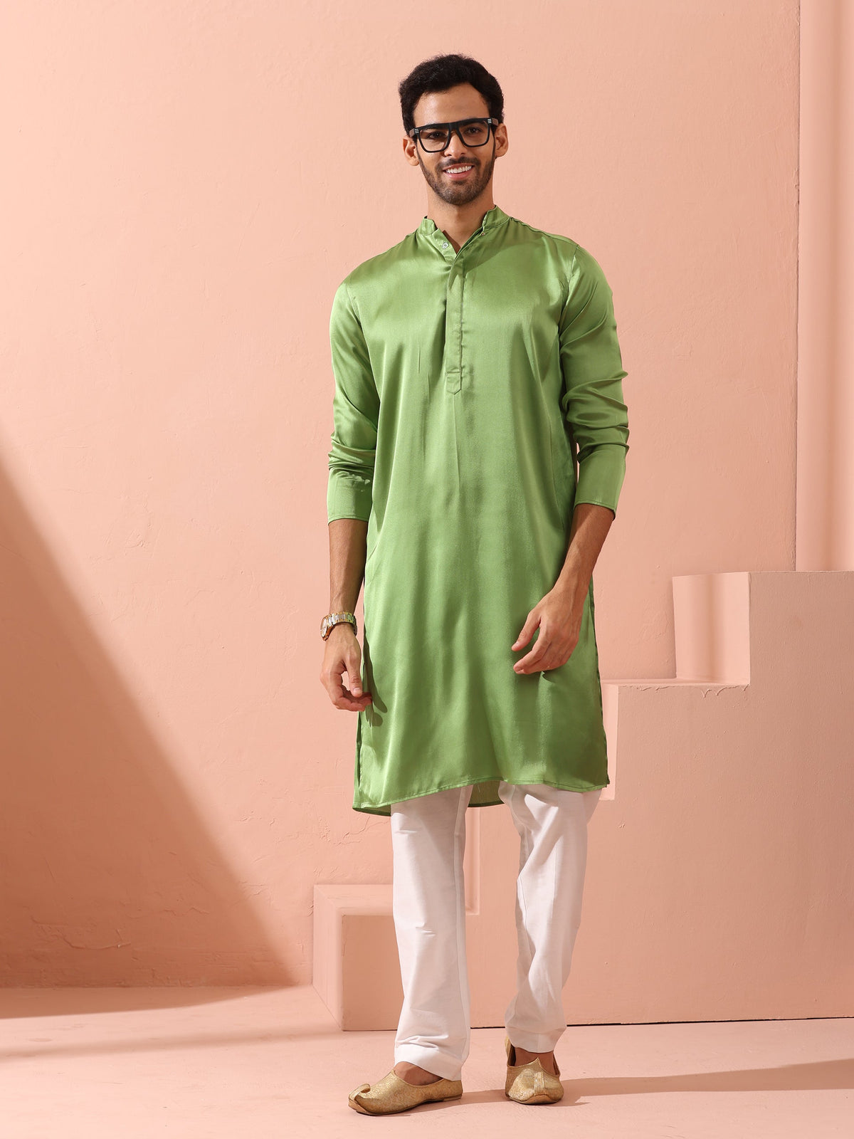 Indyancart ST Green Apple Satin Kurta with Hidden Placket