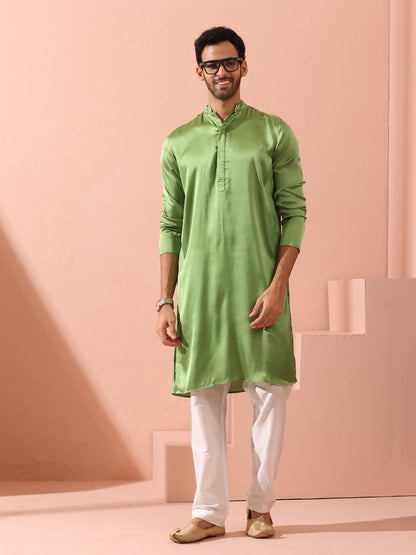 Indyancart ST Green Apple Satin Kurta with Hidden Placket