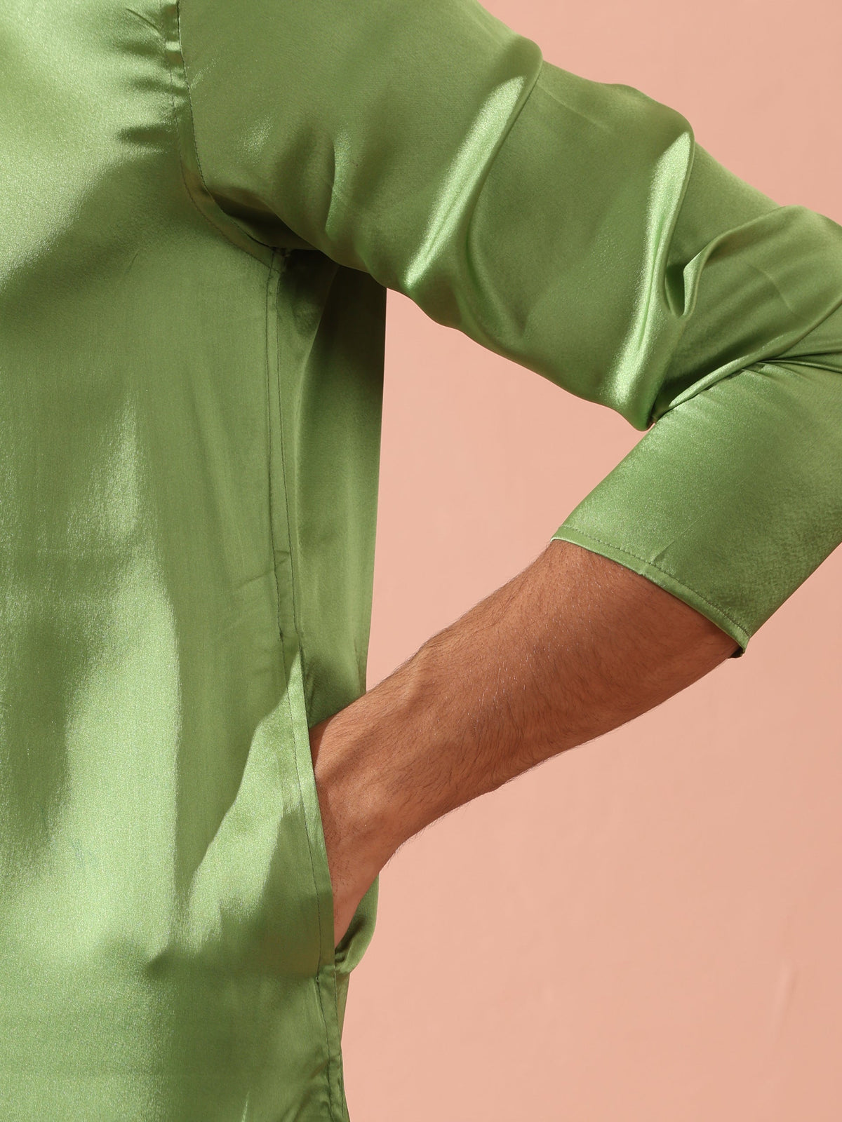 Indyancart ST Green Apple Satin Kurta with Hidden Placket