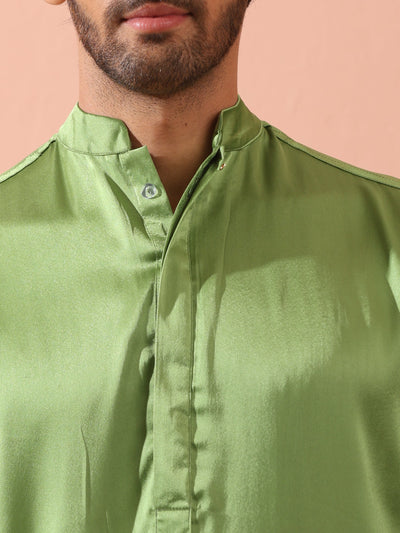 Indyancart ST Green Apple Satin Kurta with Hidden Placket