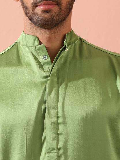 Indyancart ST Green Apple Satin Kurta with Hidden Placket