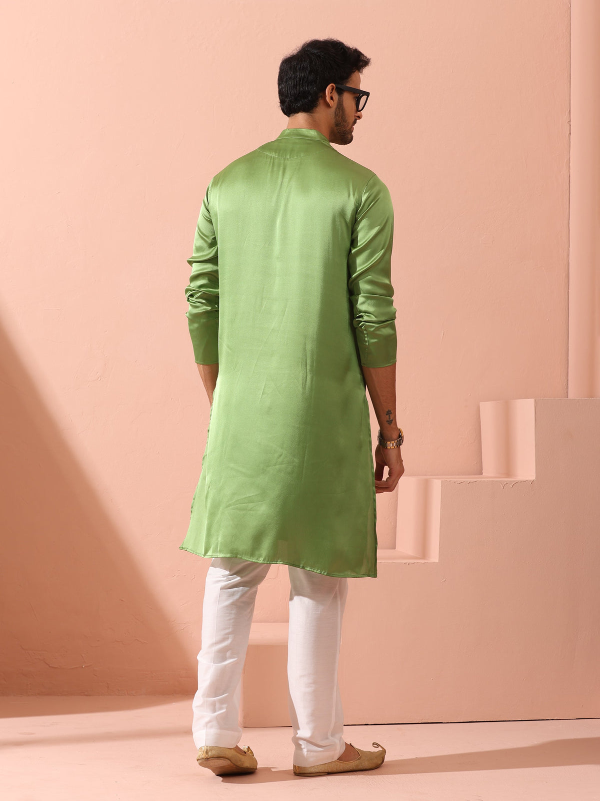 Indyancart ST Green Apple Satin Kurta with Hidden Placket