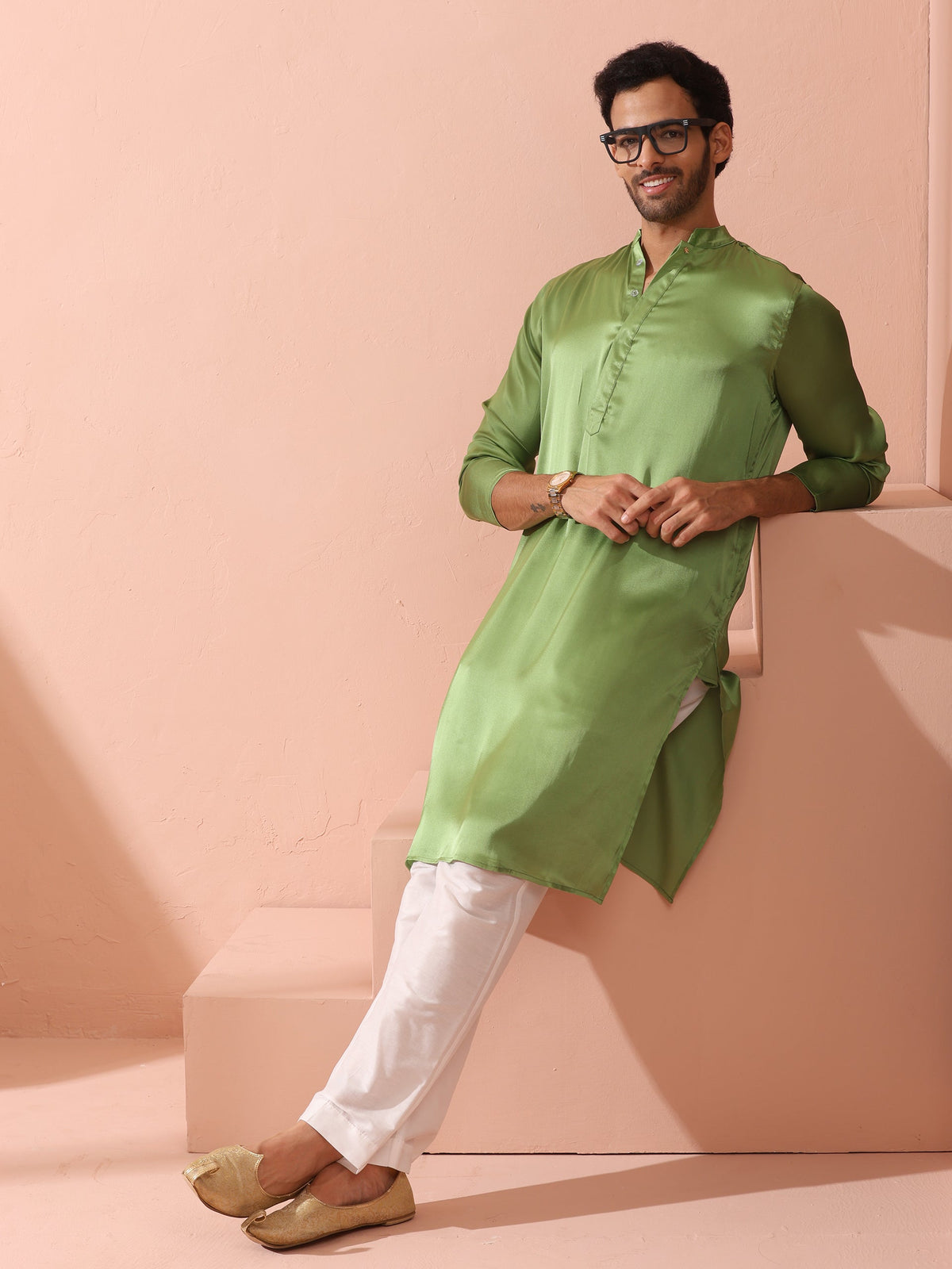 Indyancart ST Green Apple Satin Kurta with Hidden Placket