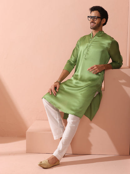 Indyancart ST Green Apple Satin Kurta with Hidden Placket