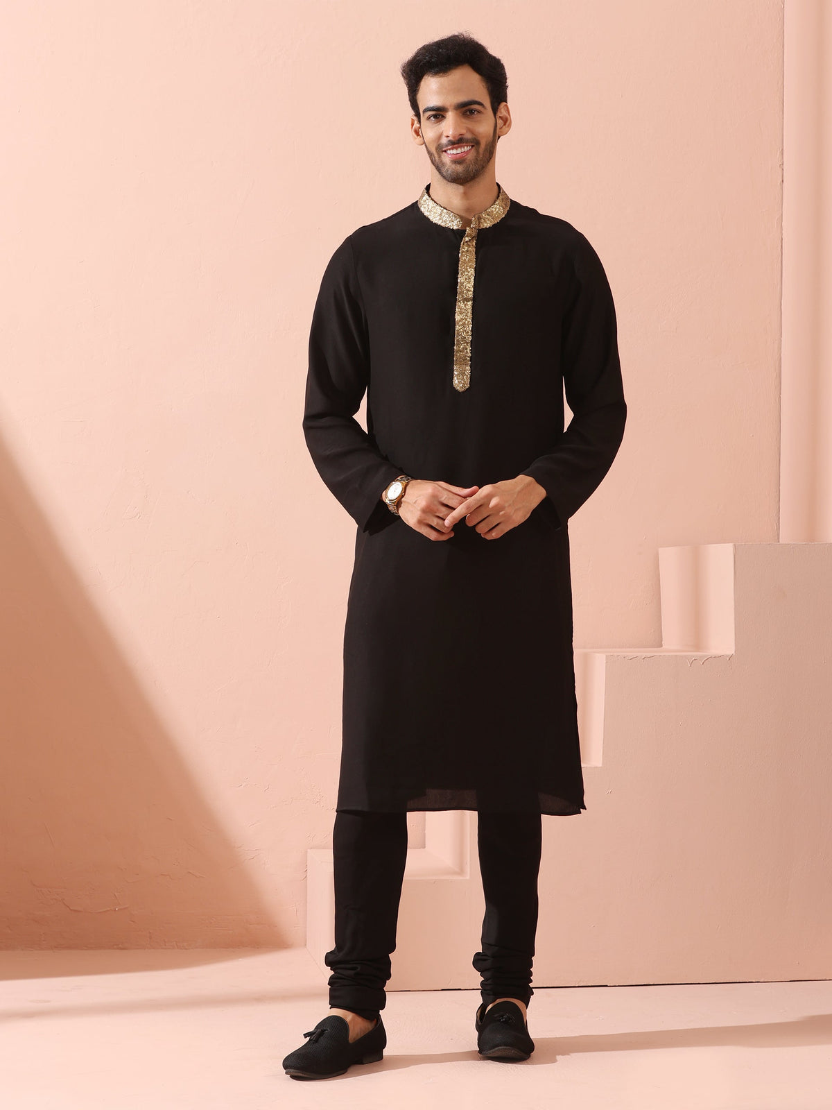 Indyancart ST Tycoon Black Korean with Gold Placket kurta