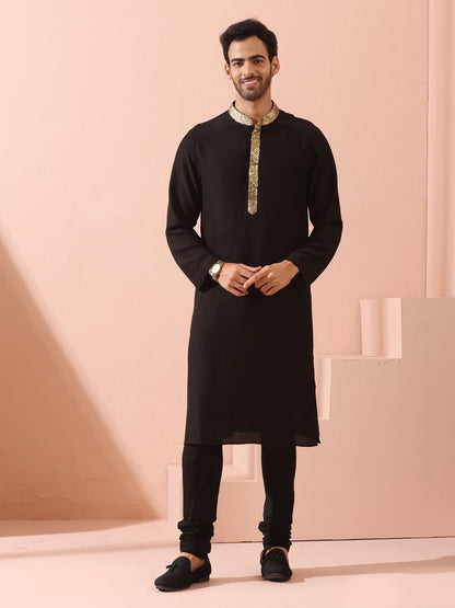 Indyancart ST Tycoon Black Korean with Gold Placket kurta