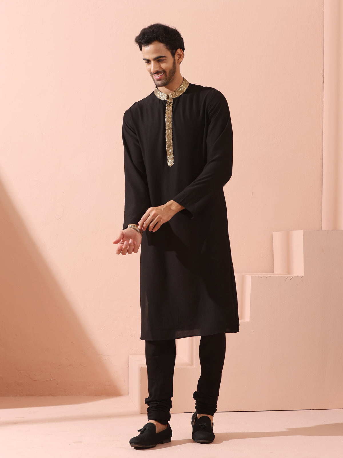 Indyancart ST Tycoon Black Korean with Gold Placket kurta
