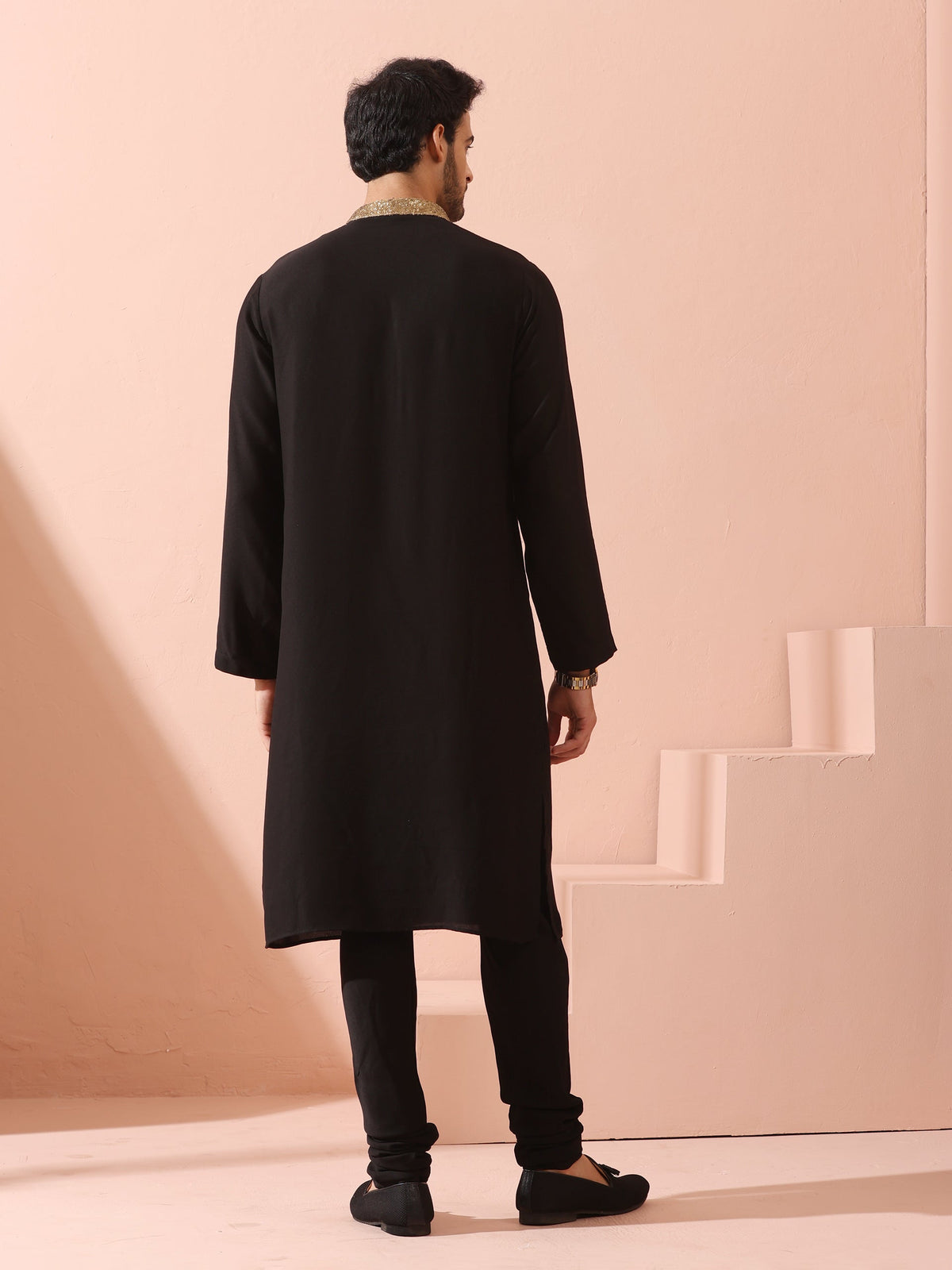 Indyancart ST Tycoon Black Korean with Gold Placket kurta