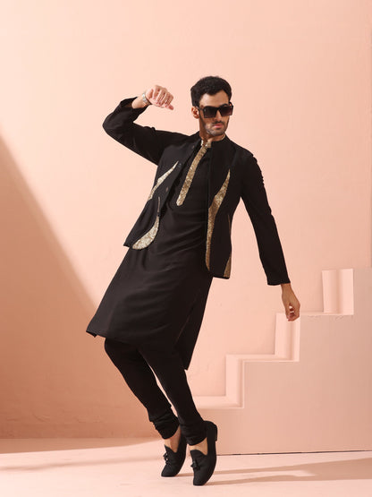 Indyancart ST Tycoon Black Korean with Gold Placket kurta