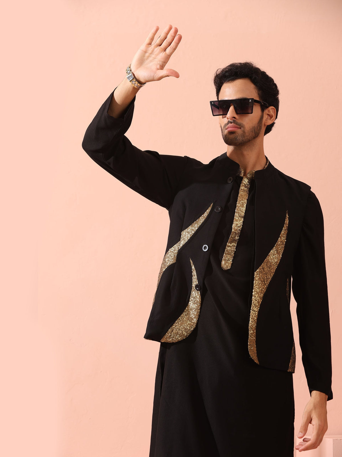 Indyancart ST Tycoon Black Korean with Gold Placket kurta