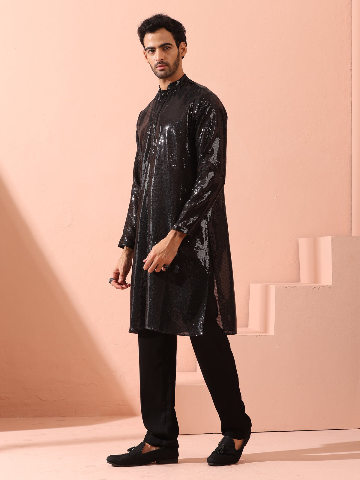 Indyancart ST Debonair Black Sequin Kurta with Hidden Placket