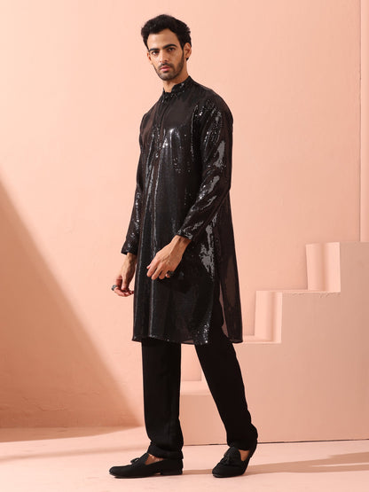 Indyancart ST Debonair Black Sequin Kurta with Hidden Placket