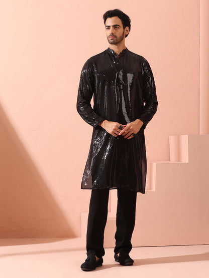 Indyancart ST Debonair Black Sequin Kurta with Hidden Placket