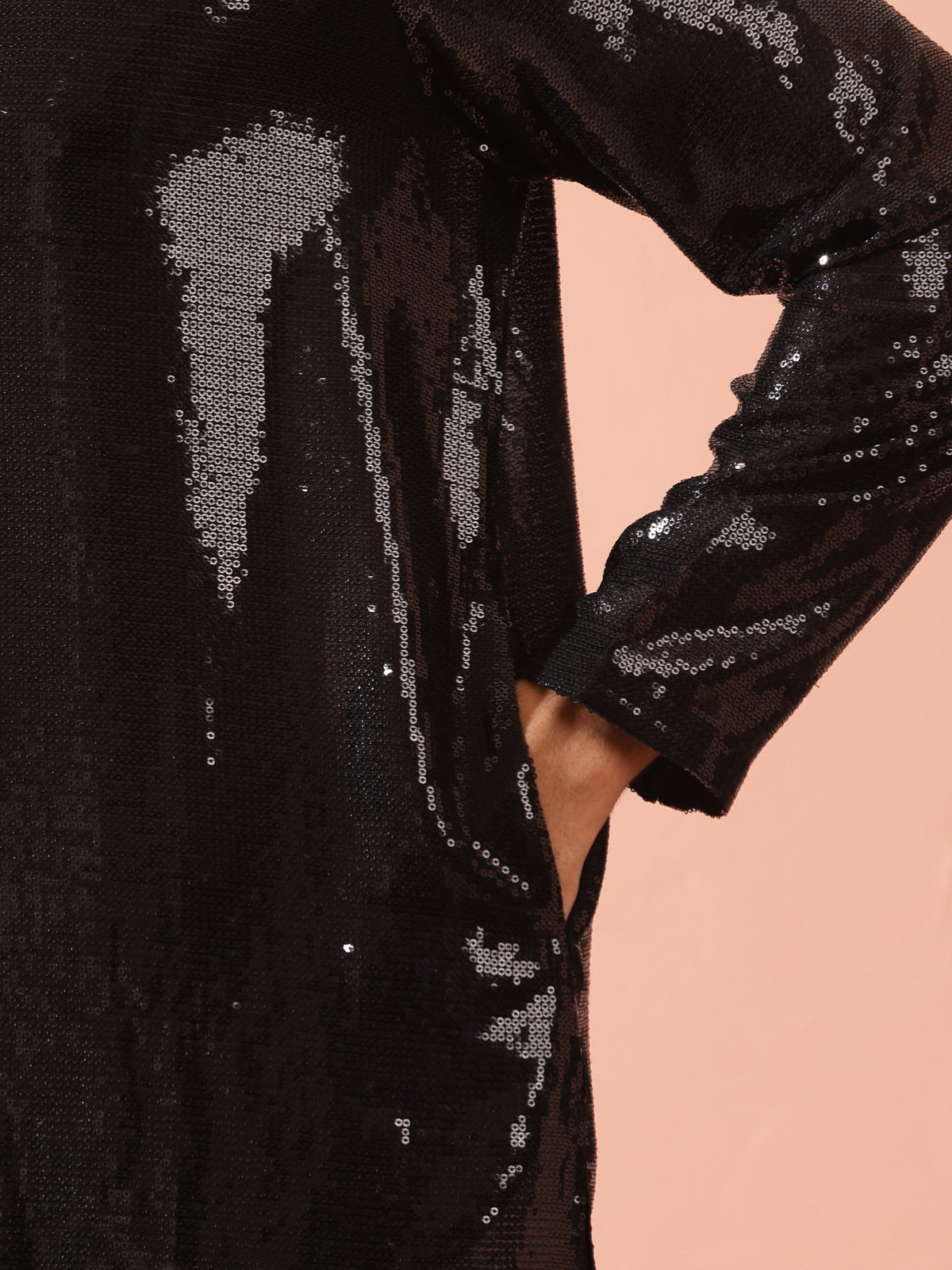Indyancart ST Debonair Black Sequin Kurta with Hidden Placket