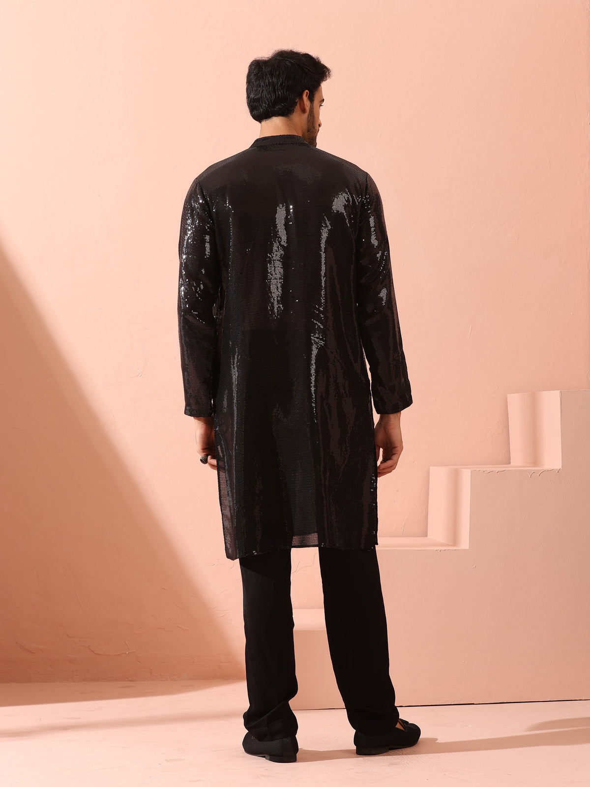 Indyancart ST Debonair Black Sequin Kurta with Hidden Placket