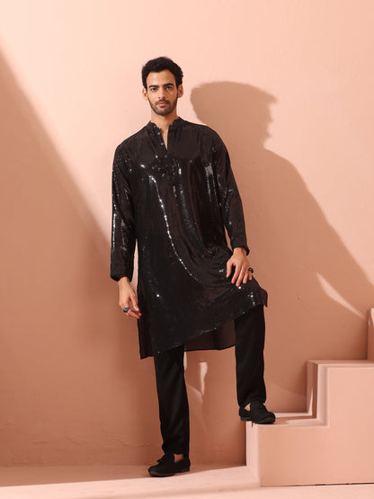 Indyancart ST Debonair Black Sequin Kurta with Hidden Placket