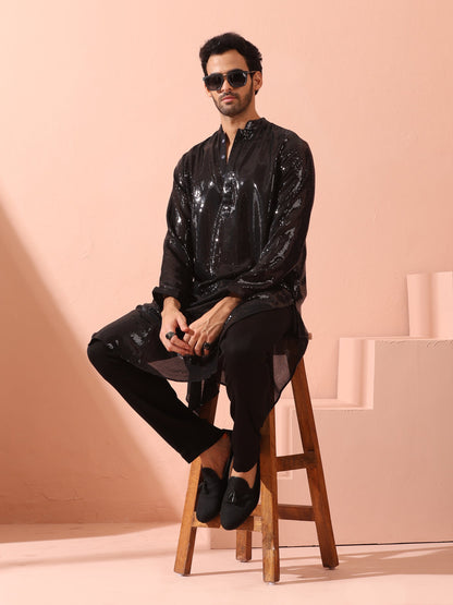 Indyancart ST Debonair Black Sequin Kurta with Hidden Placket