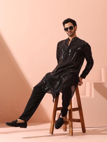 Indyancart ST Debonair Black Sequin Kurta with Hidden Placket